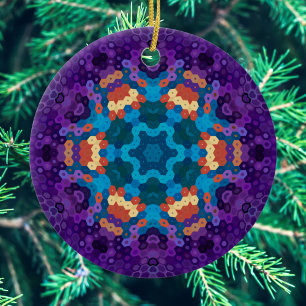Hex Mandala Lila Blue und Orange Keramik Ornament