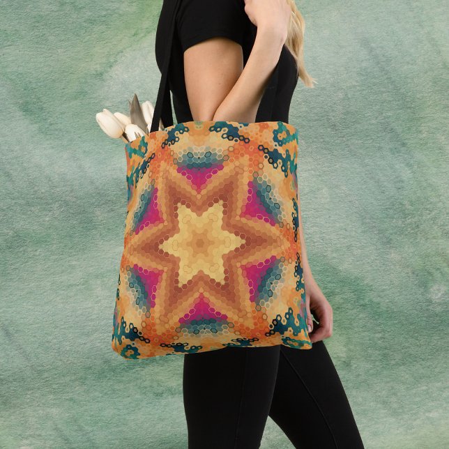 Hex Mandala Orange Blue und Pink (Orange Blue and Pink Hexagon Mandala Tote Bag by Wormhole Orbital)