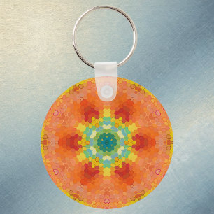 Hex Mandala Orange Gelb Rot und Blau Schlüsselanhänger