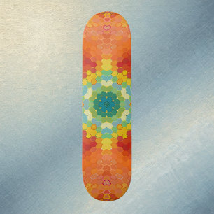 Hex Mandala Orange Gelb Rot und Blau Skateboard