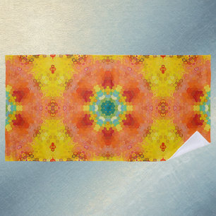 Hex Mandala Orange Gelb Rot und Blau Strandtuch