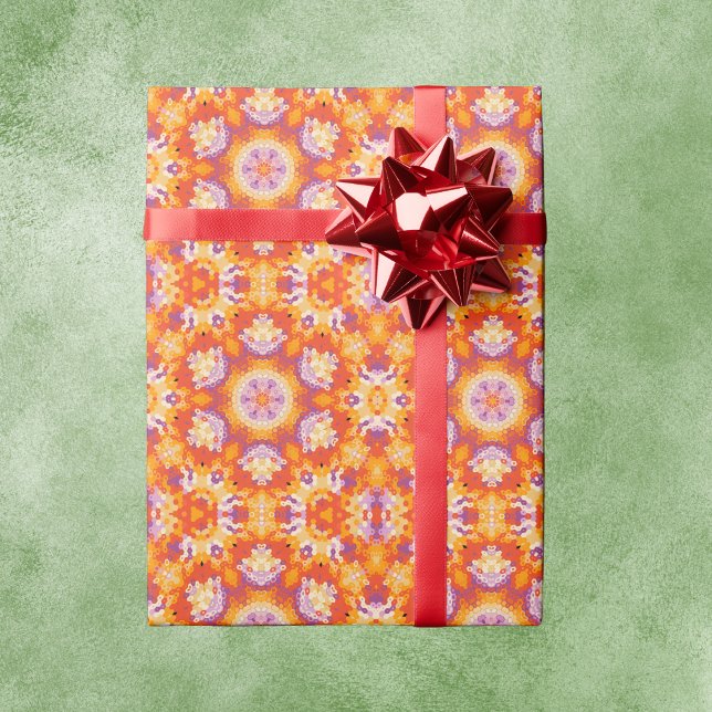 Hex Mandala Orange Lila und weiß Geschenkpapier (Orange Purple and White Hexagon Mandala Wrapping Paper by Wormhole Orbital)