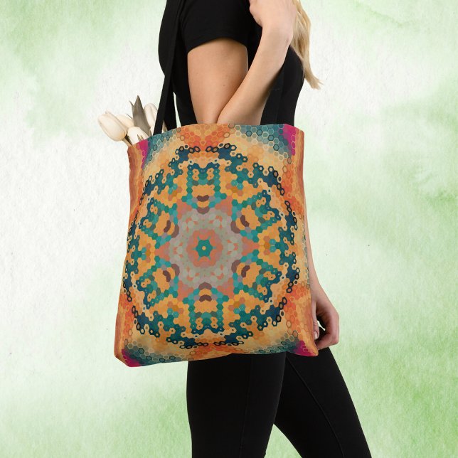Hex Mandala Orange und Blue (Orange and Blue Hexagon Mandala Tote Bag by Wormhole Orbital)