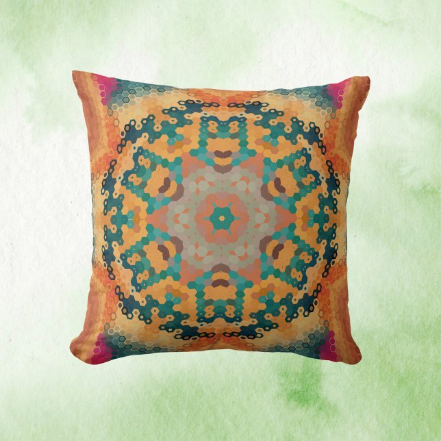 Hex Mandala Orange und Blue Kissen (Orange and Blue Hexagon Mandala Throw Pillow by Wormhole Orbital)