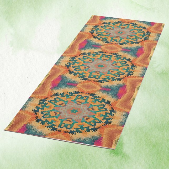 Hex Mandala Orange und Blue Yogamatte (Orange and Blue Hexagon Mandala Yoga Mat by Wormhole Orbital)