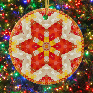 Hex Mandala Red und Yellow Keramik Ornament