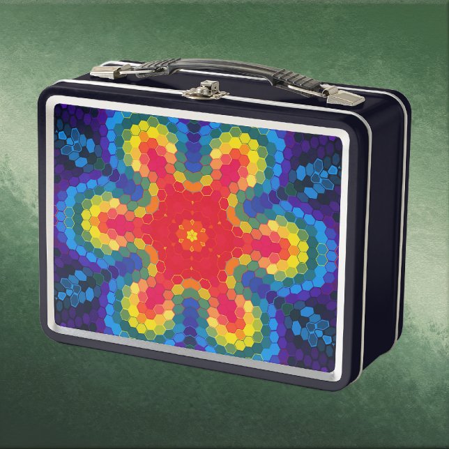 Hex Mandala Red Yellow and Blue Metall Brotdose (Red Yellow and Blue Hexagon Mandala Metal Lunchbox by Wormhole Orbital)
