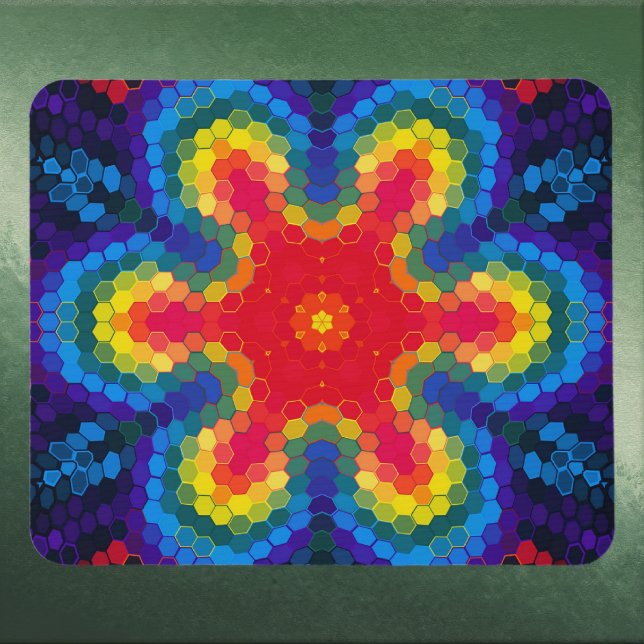 Hex Mandala Red Yellow and Blue Mousepad (Red Yellow and Blue Hexagon Mandala Mouse Pad by Wormhole Orbital)