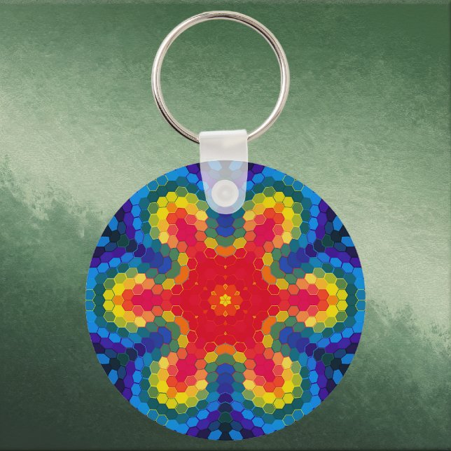 Hex Mandala Red Yellow and Blue Schlüsselanhänger (Red Yellow and Blue Hexagon Mandala Keychain by Wormhole Orbital)
