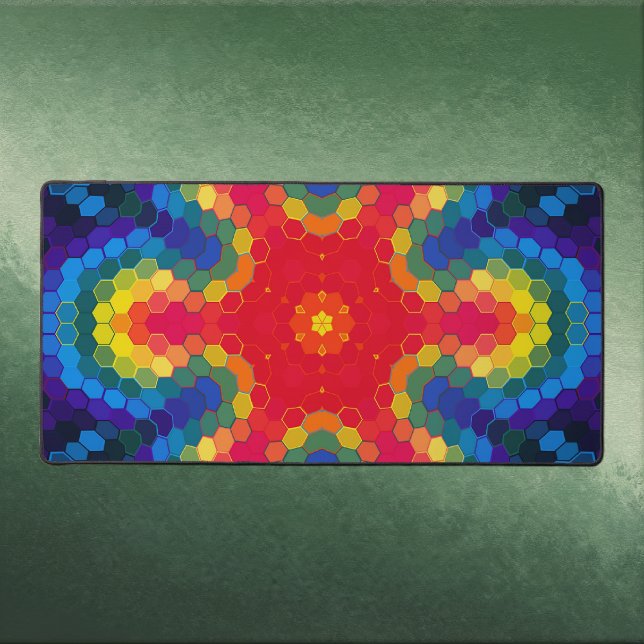 Hex Mandala Red Yellow and Blue Schreibtischunterlage (Red Yellow and Blue Hexagon Mandala Desk Mat by Wormhole Orbital)