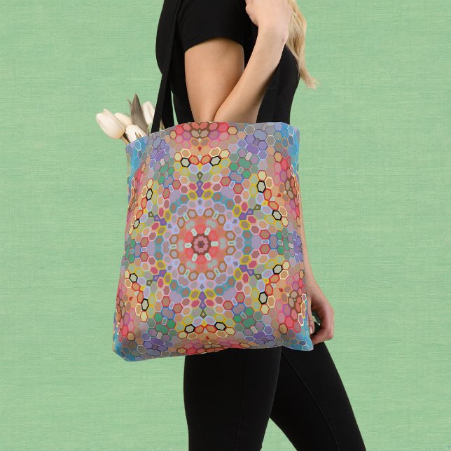 Hex Mandala Regenbogen (Rainbow Hexagon Mandala Tote Bag by Wormhole Orbital)