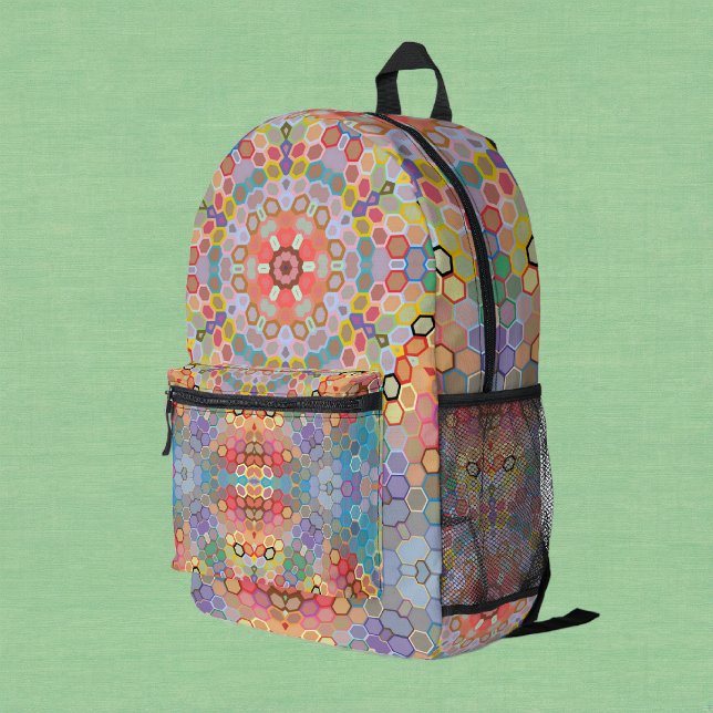 Hex Mandala Regenbogen Bedruckter Rucksack (Rainbow Hexagon Mandala Backpack by Wormhole Orbital)