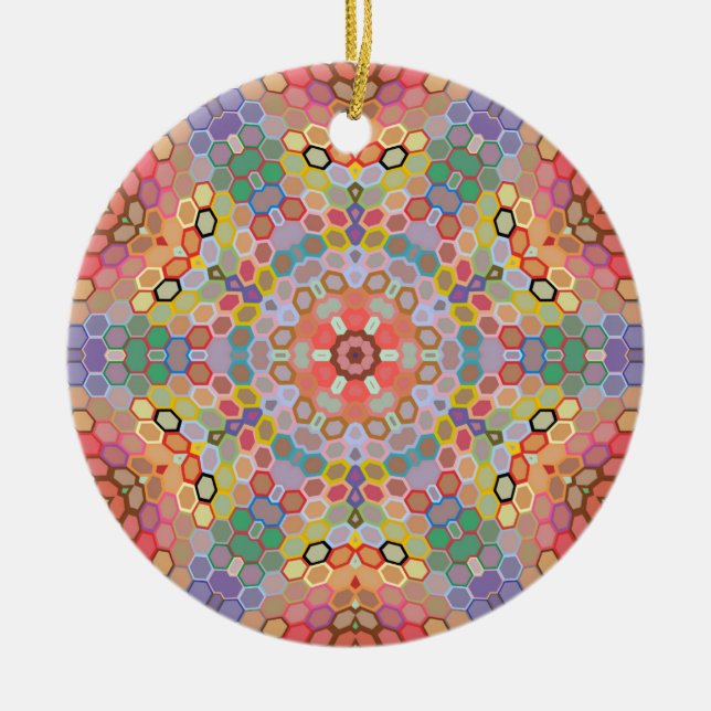 Hex Mandala Regenbogen Keramik Ornament (Vorne)