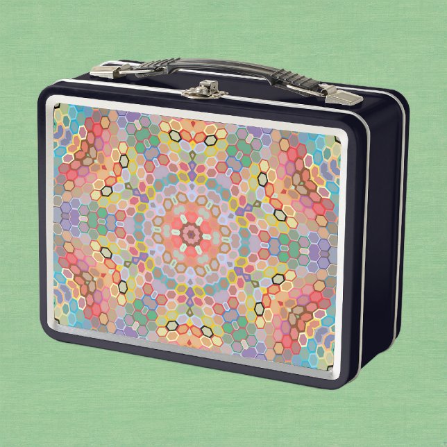 Hex Mandala Regenbogen Metall Brotdose (Rainbow Hexagon Mandala Metal Lunch Box by Wormhole Orbital)