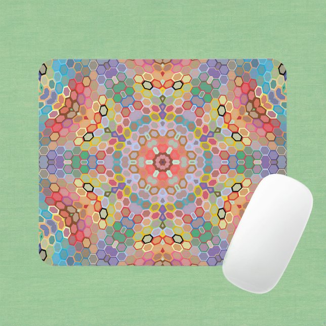Hex Mandala Regenbogen Mousepad (Rainbow Hexagon Mandala Mouse Pad by Wormhole Orbital)