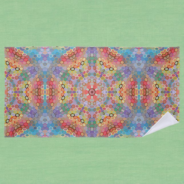 Hex Mandala Regenbogen Strandtuch (Rainbow Hexagon Mandala Beach Towel by Wormhole Orbital)