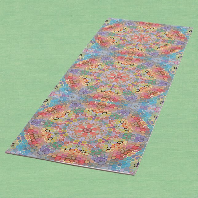 Hex Mandala Regenbogen Yogamatte (Rainbow Hexagon Mandala Yoga Mat by Wormhole Orbital)