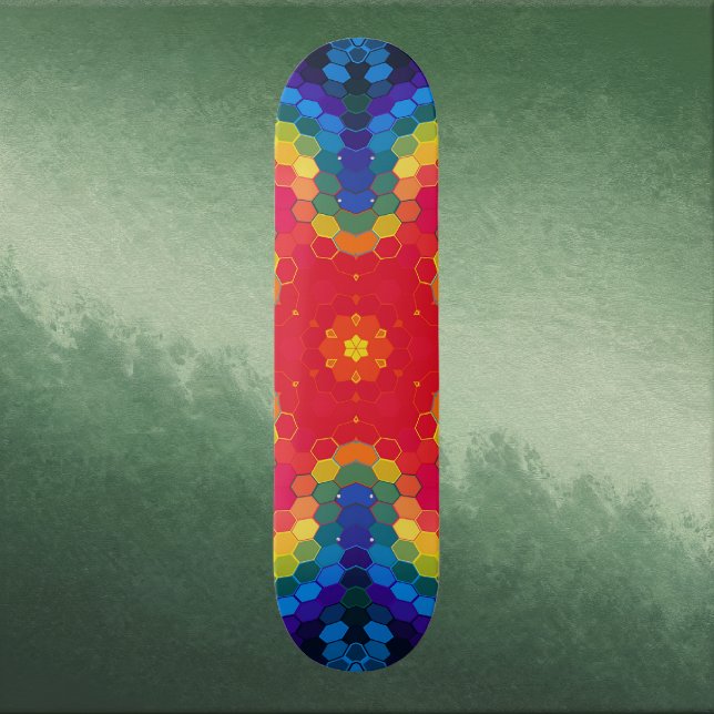 Hex Mandala Rot Gelb und Blau Skateboard (Red Yellow and Blue Hexagon Mandala Skate Board by Wormhole Orbital)