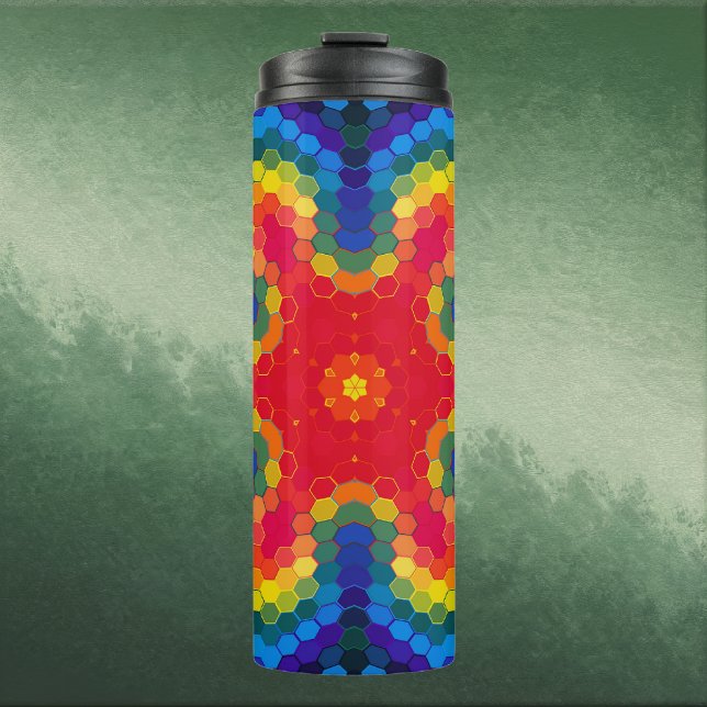 Hex Mandala Rot Gelb und Blau Thermosbecher (Red Yellow and Blue Hexagon Mandala  Thermal Tumbler by Wormhole Orbital)