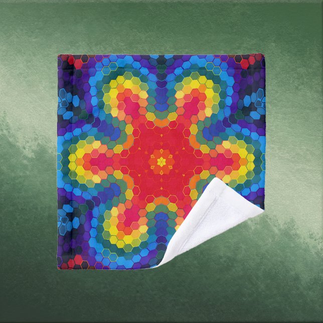Hex Mandala Rot Gelb und Blau Waschlappen (Red Yellow and Blue Hexagon Mandala Wash Cloth by Wormhole Orbital)