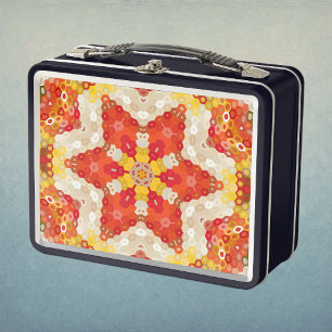Hex Mandala Rot und Gelb Metall Brotdose