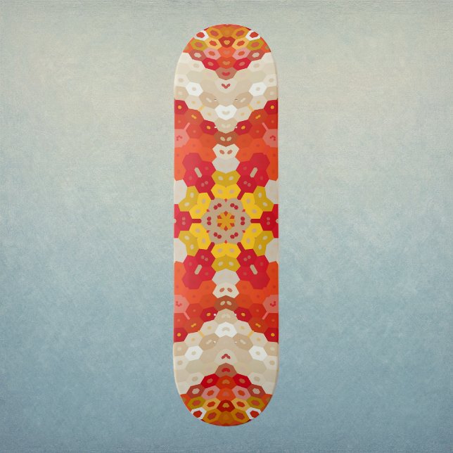 Hex Mandala Rot und Gelb Skateboard (Red and Yellow Hexagon Mandala Skateboard by Wormhole Orbital)
