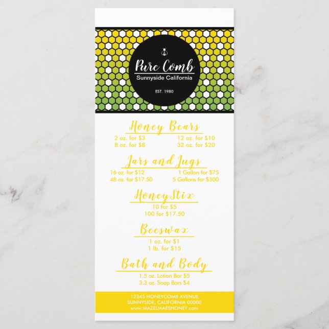 Hexa Honeycomb Apiary Honey Menu Menükarte (Vorderseite)