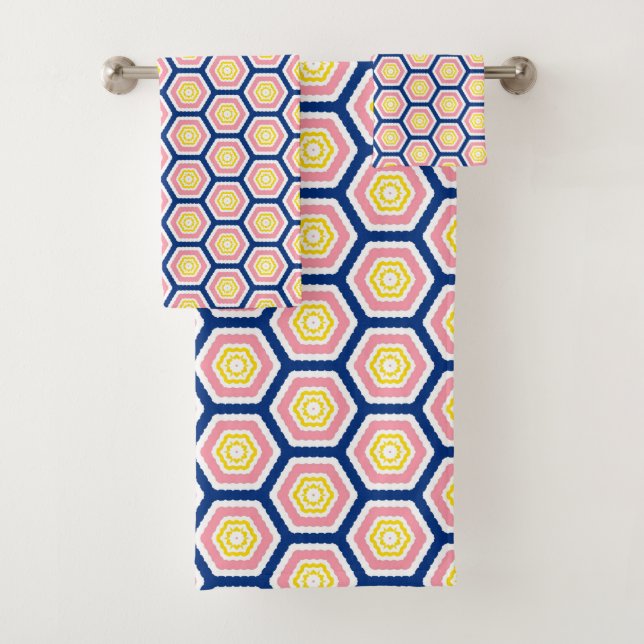 Hexagon-Blume-Muster blau pinkgelb Badhandtuch Set (Insitu)