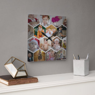 Hexagon Foto Collage Quadratische Wanduhr