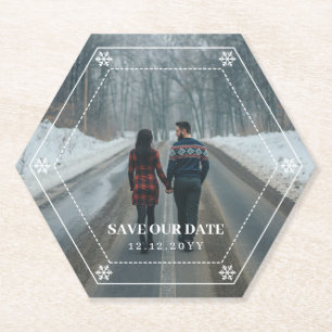 Hexagon Frame Snowflakes Ihr Foto Save the Date Untersetzer