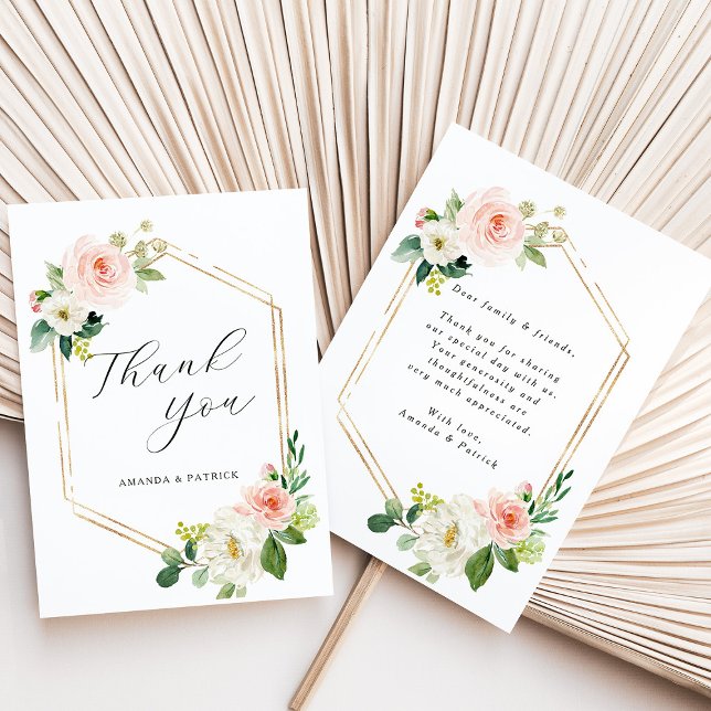 Hexagon Gold Frame Blush Pink Floral Vielen Dank Dankeskarte (Front & Back)