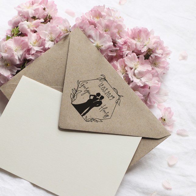 Hexagon-Hochzeits-Briefmarke mit Couple-Silhouette Gummistempel (hexagonal grame with lleaves and couple inside with custom names and date)
