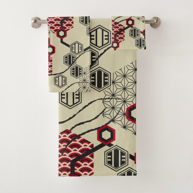 Hexagon im asiatischen Stil, rot und schwarz Badhandtuch Set (Insitu)