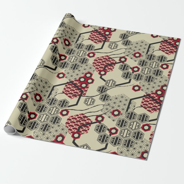 Hexagon im asiatischen Stil, rot und schwarz Geschenkpapier (Ungerollt)