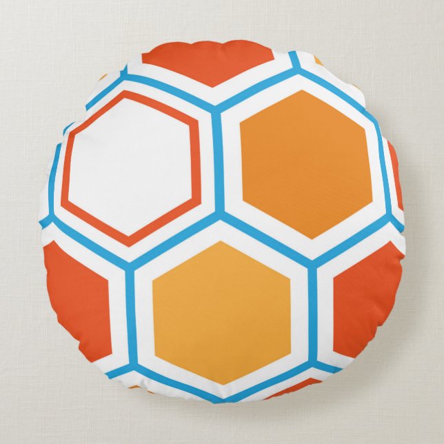 Hexagon in orange, blue and white rundes kissen (Vorderseite)