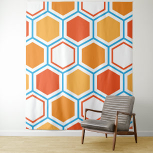 Hexagon in orange, blue and white wandteppich