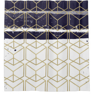 Hexagon Modern Navy Blue Gold Geometric Glam Duschvorhang