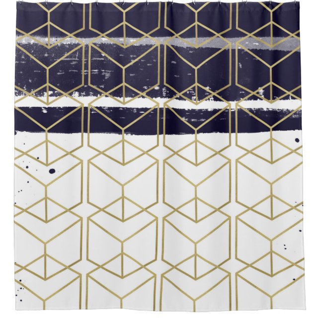 Hexagon Modern Navy Blue Gold Geometric Glam Duschvorhang (Vorderseite)