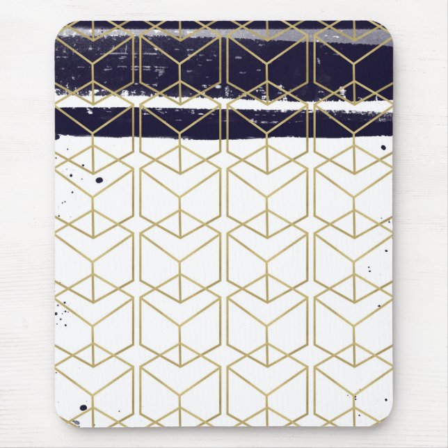 Hexagon Modern Navy Blue Gold Geometric Glam Mousepad (Vorne)