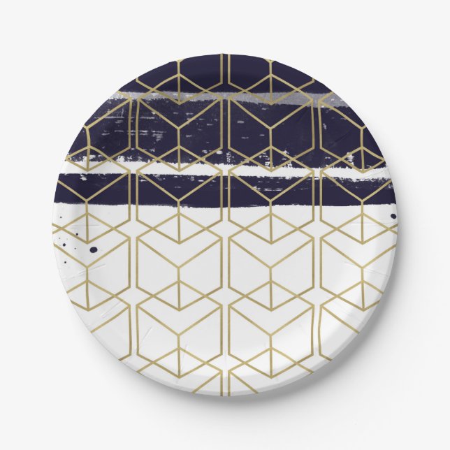 Hexagon Modern Navy Blue Gold Geometric Glam Party Pappteller (Vorderseite)
