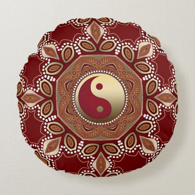 Hexagon Red Earth Gold Yin Yang Feng Shui Mandala Rundes Kissen (Vorderseite)