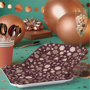 Hexagon & Triangle Pink & Brown auf dem Maroon-Mus Pappteller