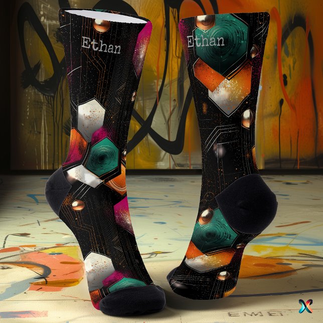 Hexagonal Abstrakt in Emerald, Orange auf Black Socken (Von Creator hochgeladen)