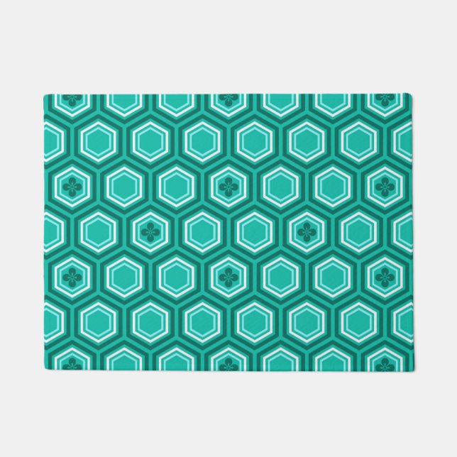 Hexagonal Kimono Print, Aquamarin, Aqua und White Fußmatte (Vorderseite)