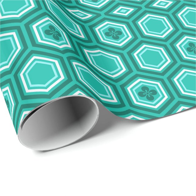 Hexagonal Kimono Print, Aquamarin, Aqua und White Geschenkpapier (Rolleneckpunkt)