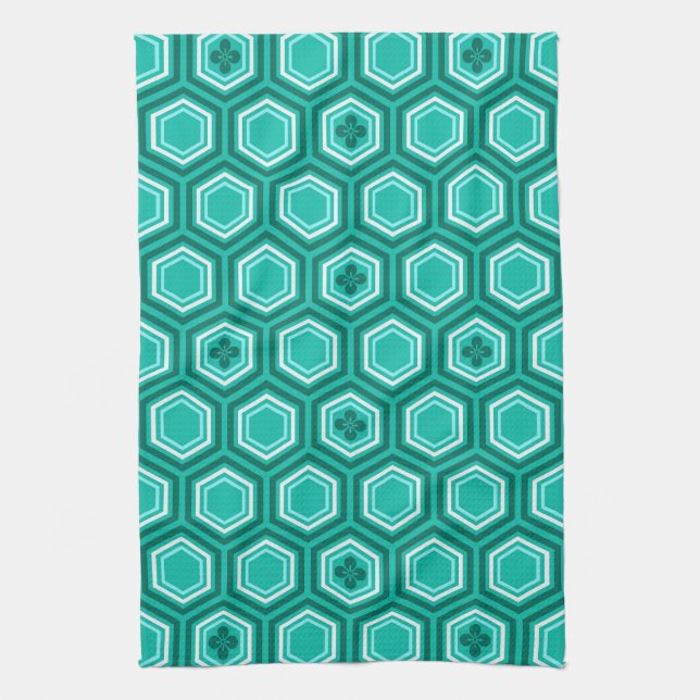 Hexagonal Kimono Print, Aquamarin, Aqua und White Handtuch (Vertikal)