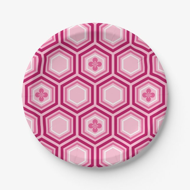 Hexagonal Kimono Print, Burgund und Rosa Pappteller (Vorderseite)