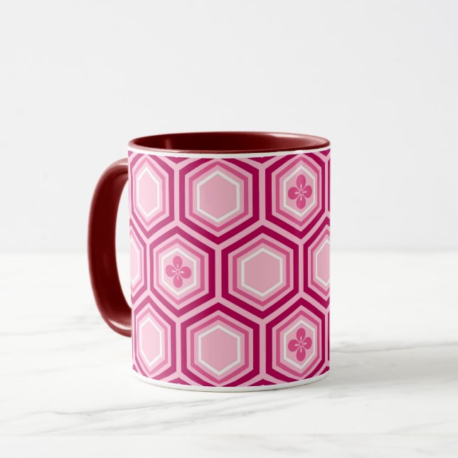 Hexagonal Kimono Print, Burgund und Rosa Tasse (Vorderseite Links)