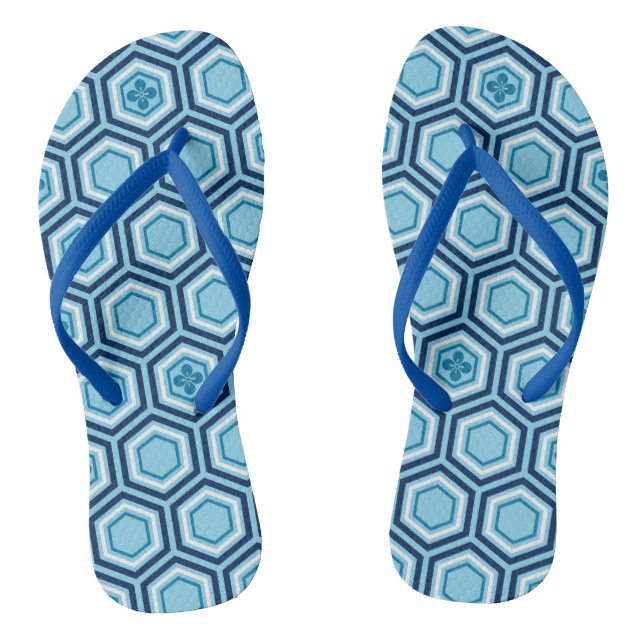 Hexagonal Kimono Print, Navy und Light Blue Flip Flops (Fußbett)