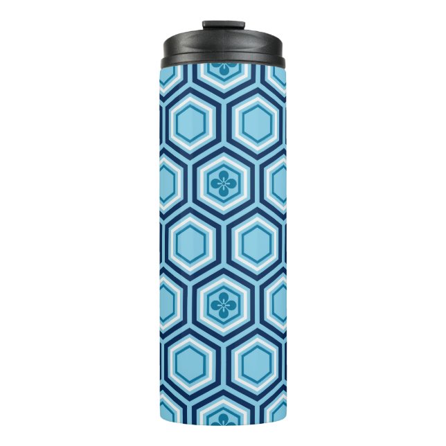 Hexagonal Kimono Print, Navy und Light Blue Thermosbecher (Vorderseite)